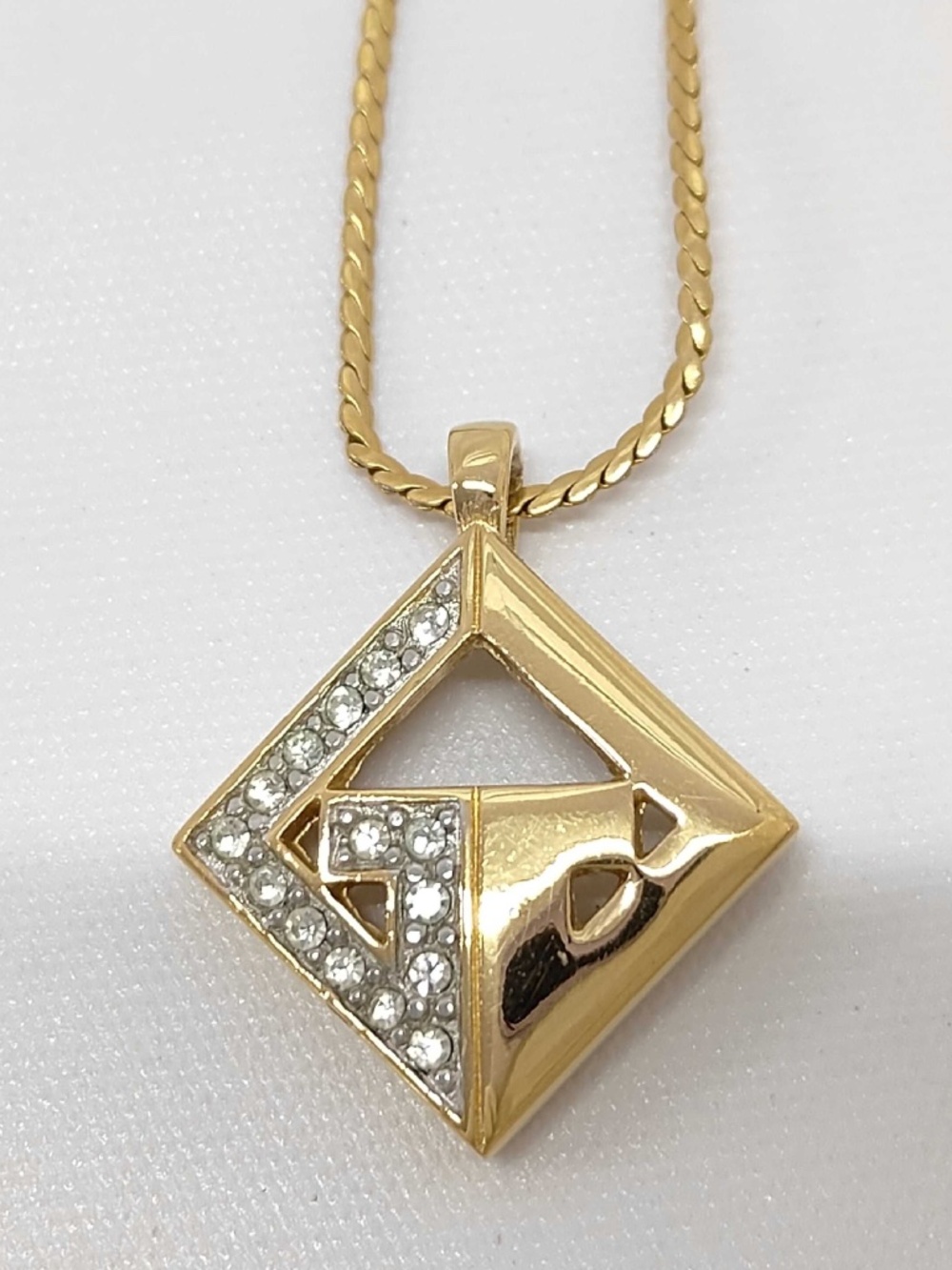 Givenchy Gold Tone Crystal Geometric Pendant Necklace Vintage Style
